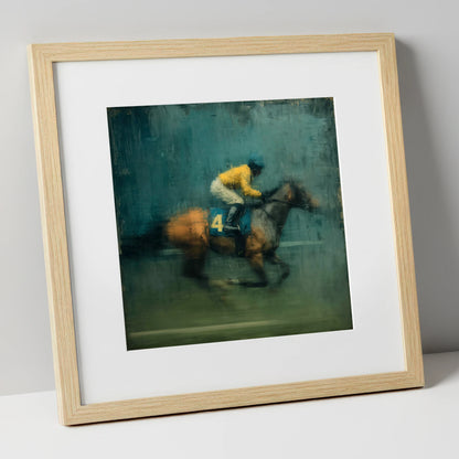 Velocity in Yellow racing horse art print in natural frame