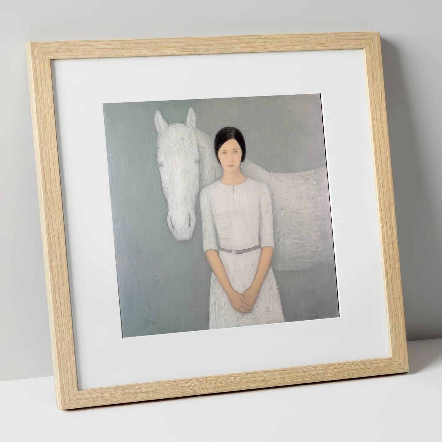 Quiet Connection horse & rider art print in natural frame