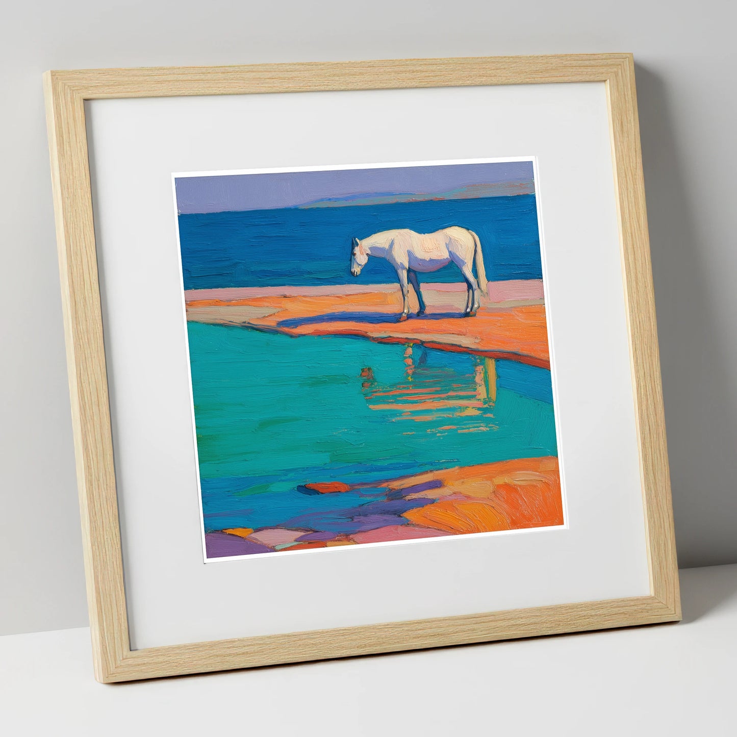 Turquoise Tide Reflections beach horse art print in natural frame