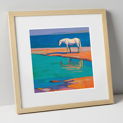 Turquoise Tide Reflections beach horse art print in natural frame