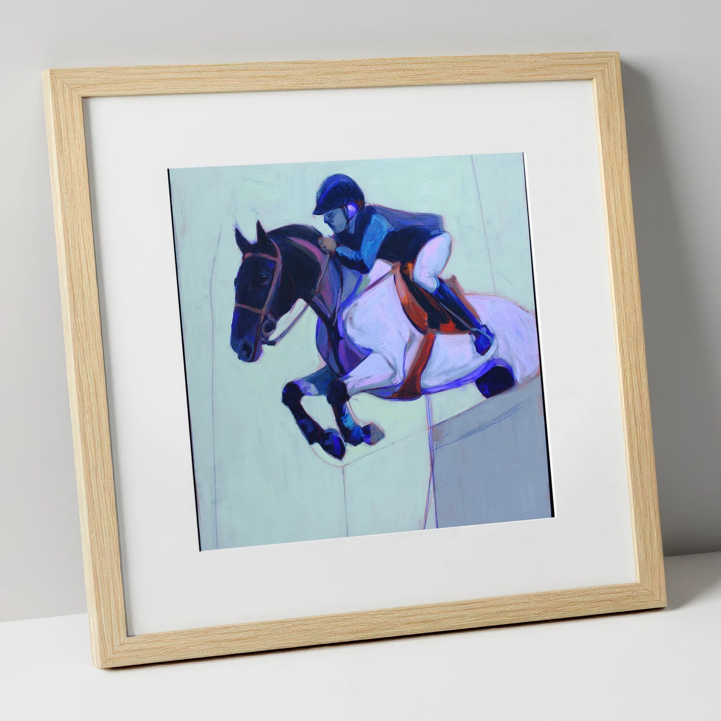 Indigo Flight show jumping horse art print in natural frame