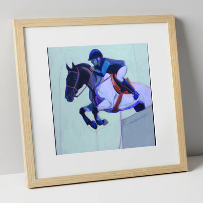 Indigo Flight show jumping horse art print in natural frame