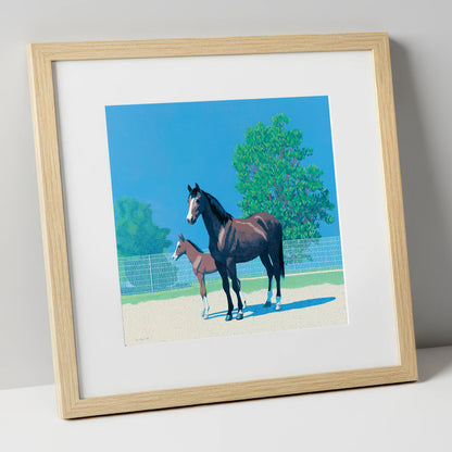 Summer Paddock Serenity mare & foal art print in natural frame