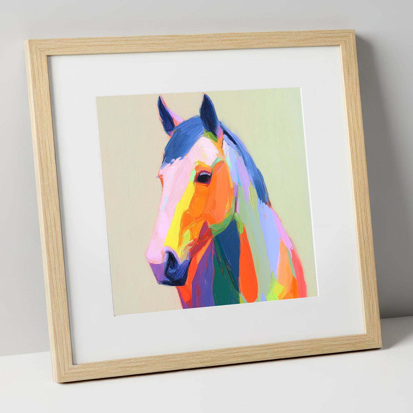 Vivid Technicolour Spirit horse portrait art print in natural frame
