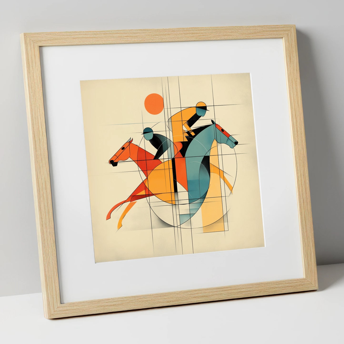 Geometry of the Gallop racing horse art print in natural frame