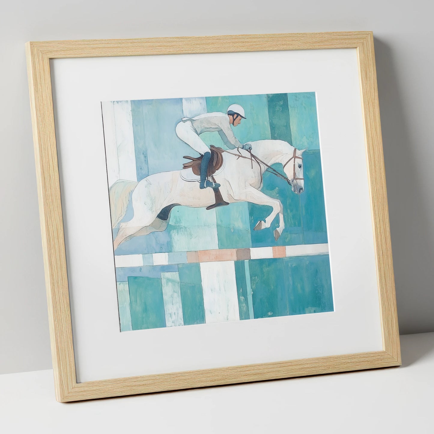 Aquamarine Ascent show jumping horse art print in natural frame