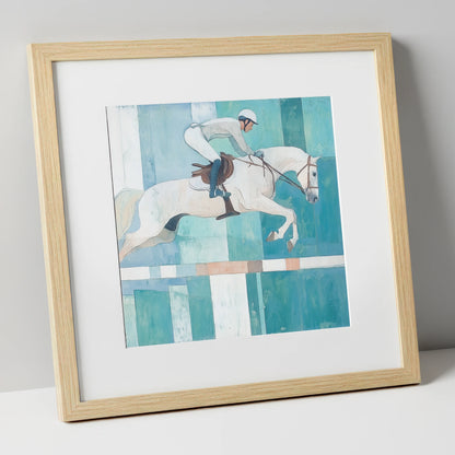 Aquamarine Ascent show jumping horse art print in natural frame