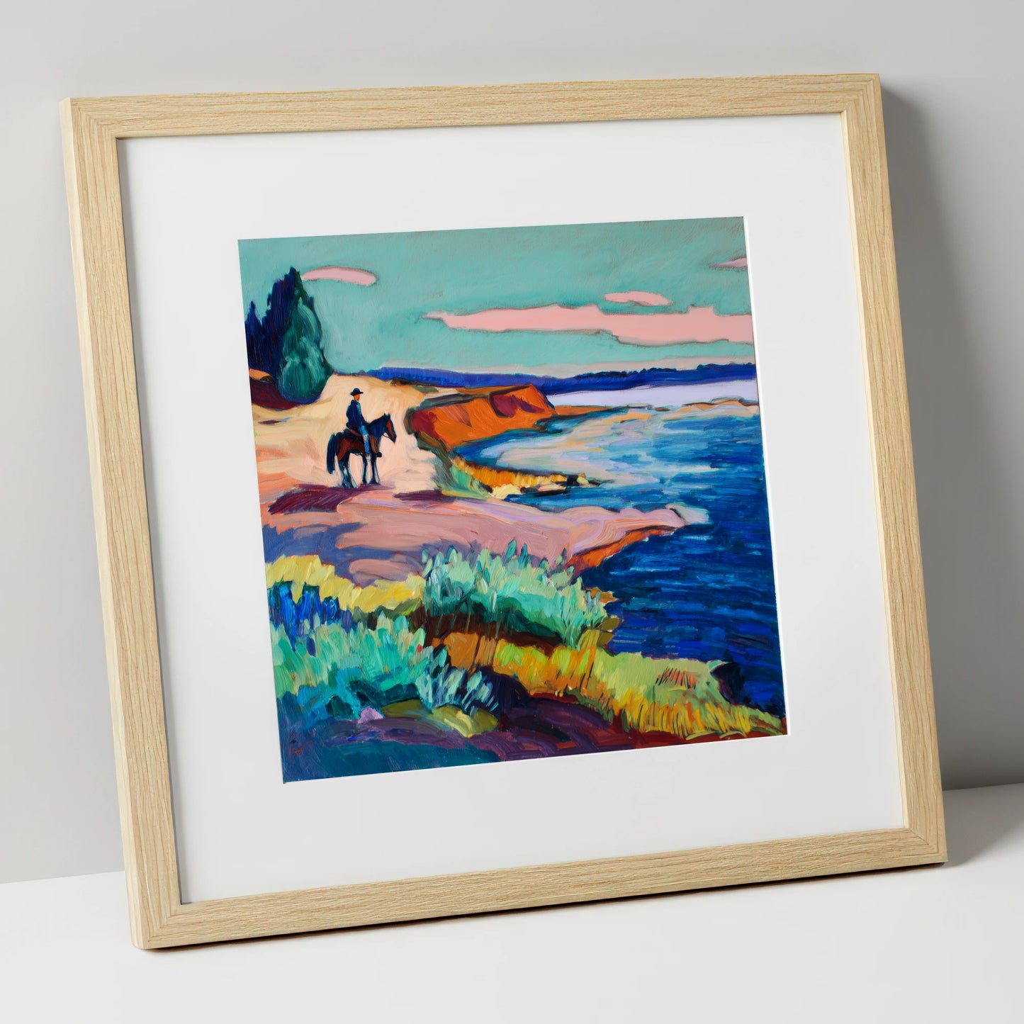 Vivid Coastal Hack beach horse art print in natural frame