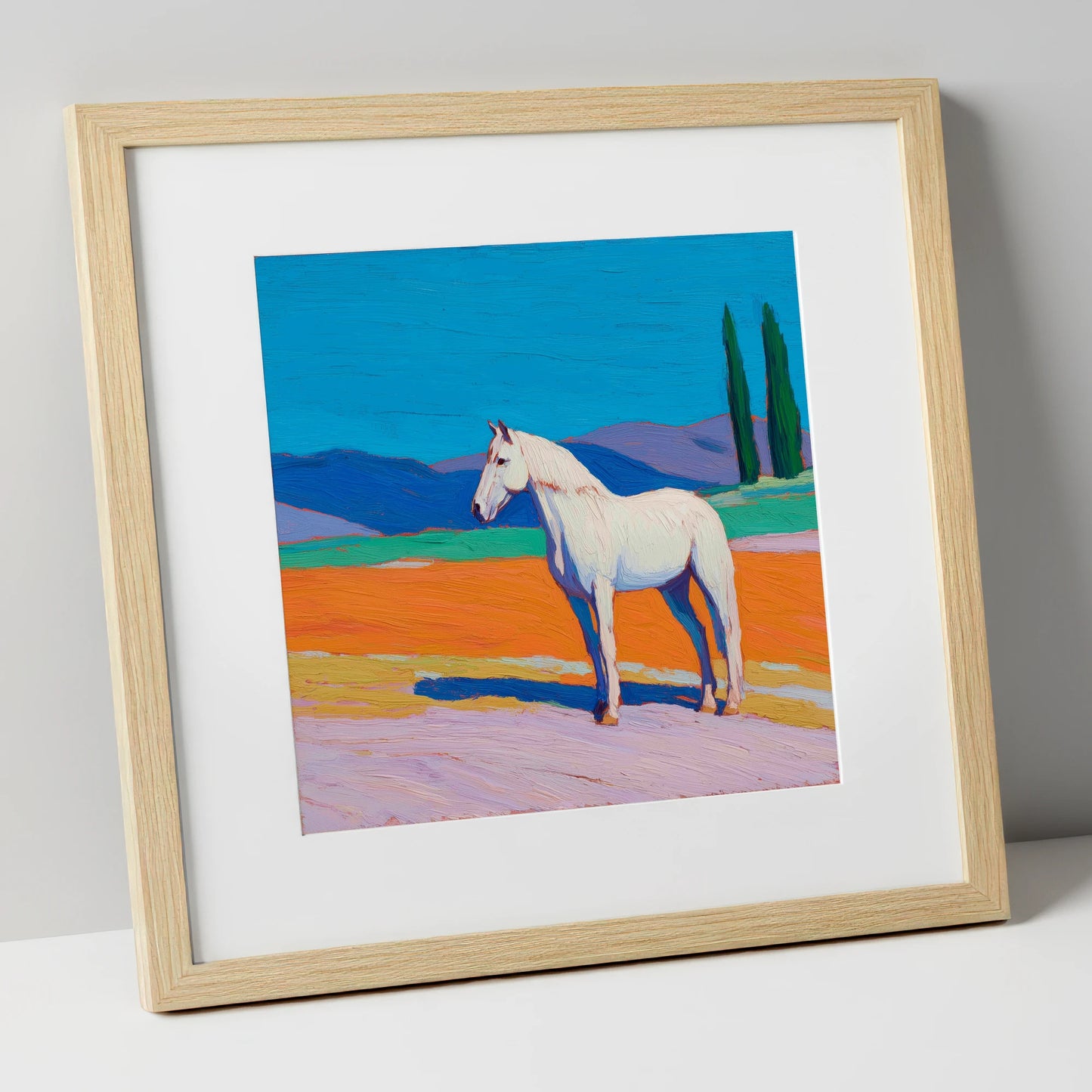 Radiant White Equine horse breed art print in natural frame