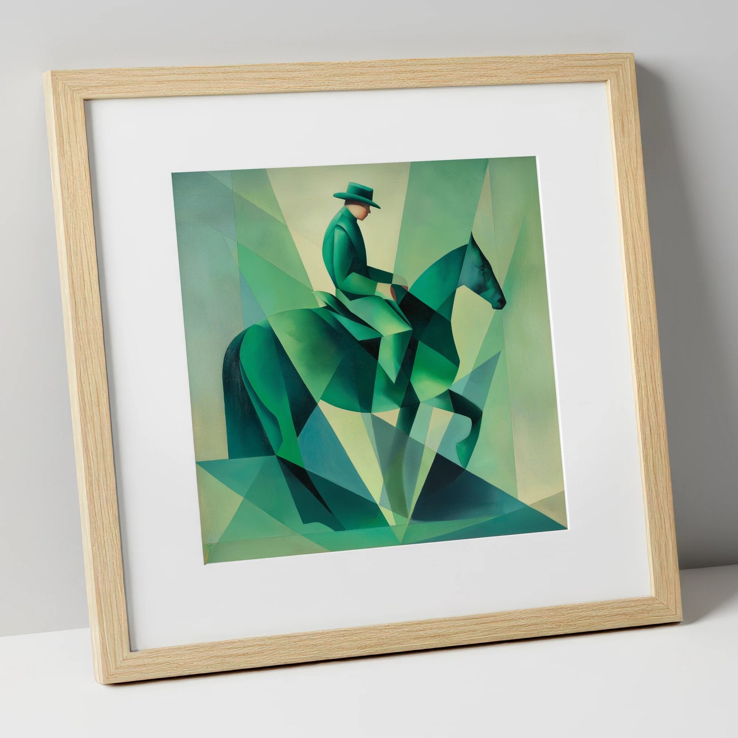 Faceted Emerald Stride western horse art print in natural frame