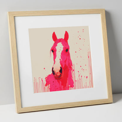 Vibrant Magenta Blaze horse portrait art print in natural frame