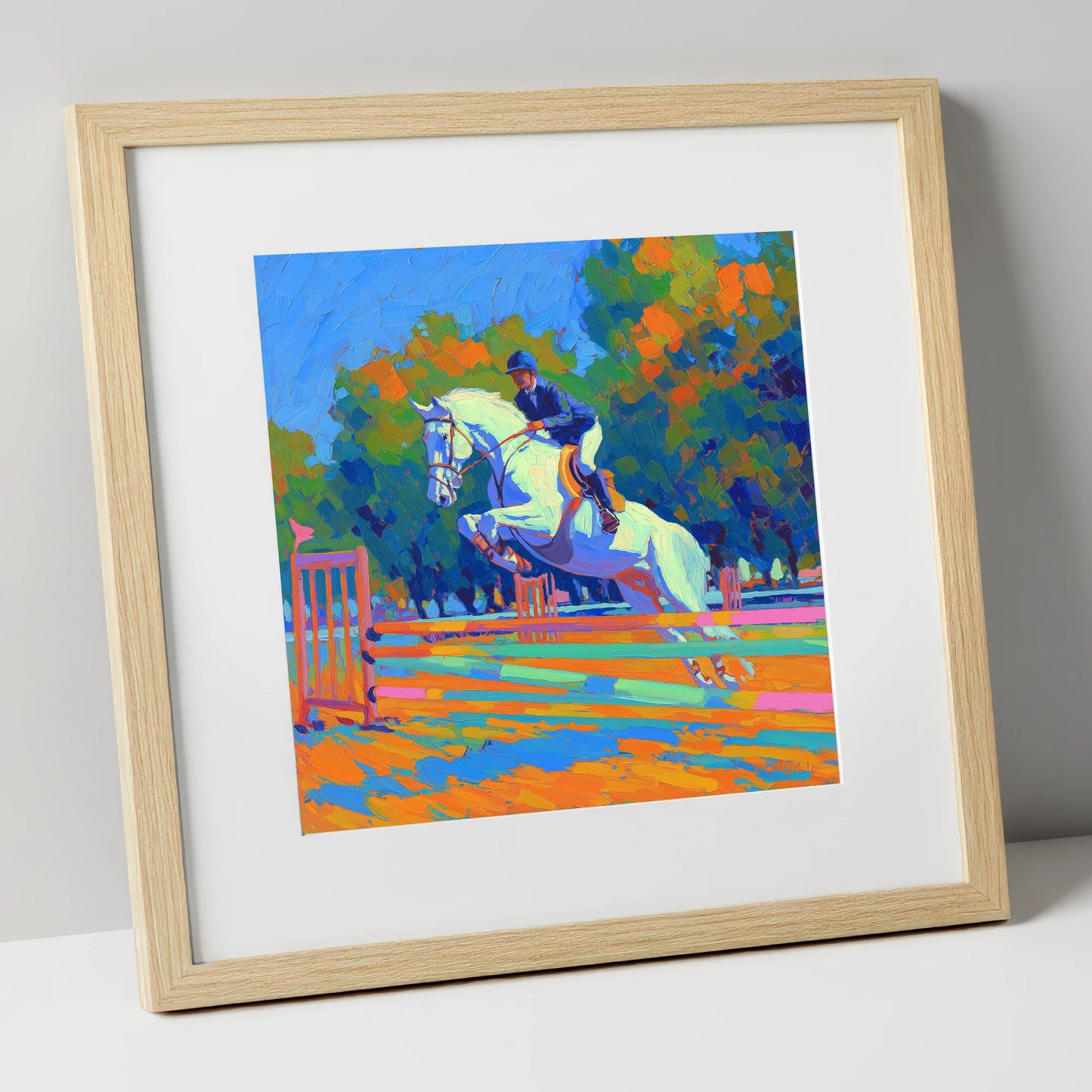 Vibrant Showjumping Leap show jumping horse art print in natural frame