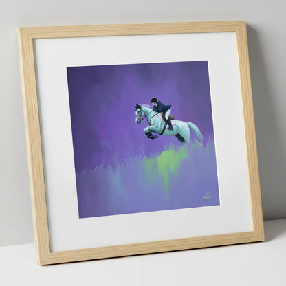 Violet Suspension show jumping horse art print in natural frame