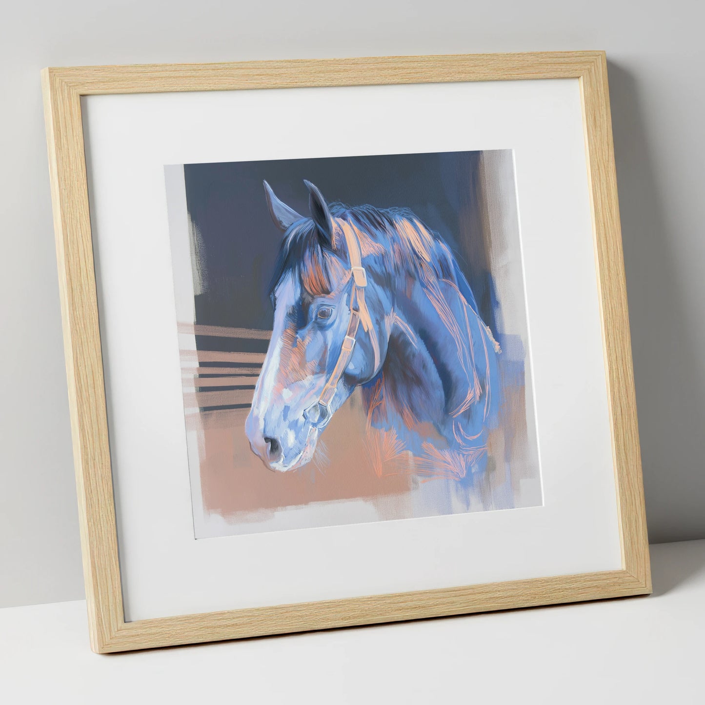 Serene Blue Profile horse portrait art print in natural frame