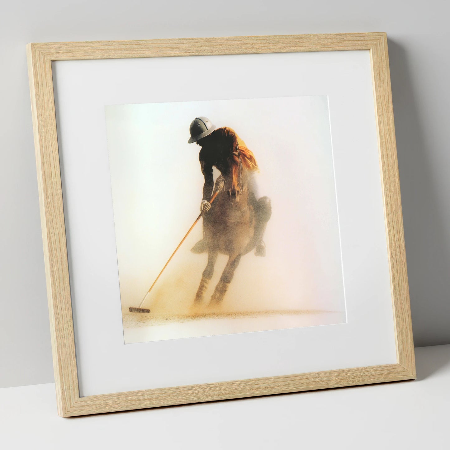 Out of the Dust polo horse art print in natural frame
