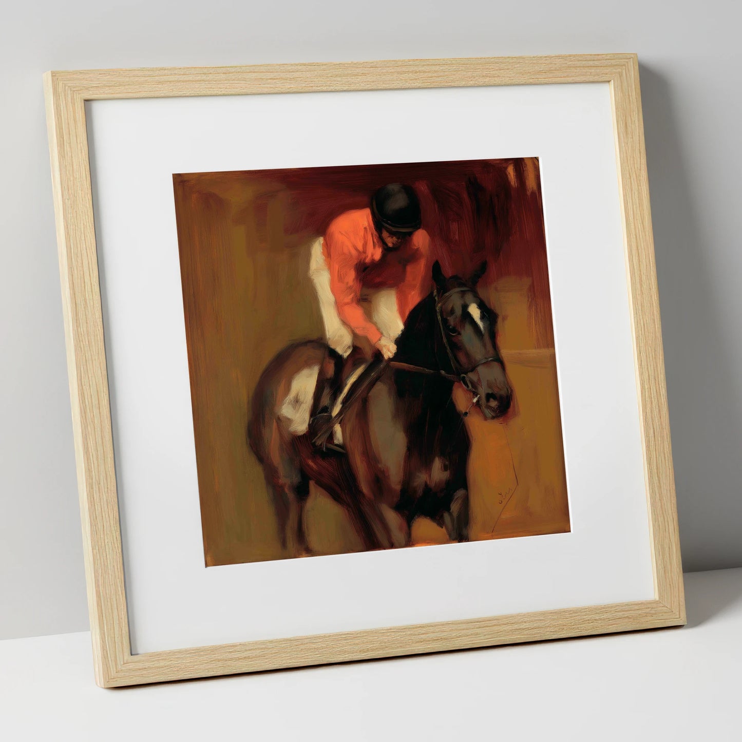 Trackside Shadows racing horse art print in natural frame