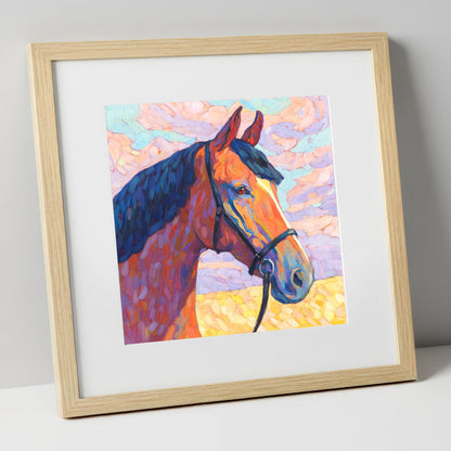 Painted Bay Profile horse portrait art print in natural frame