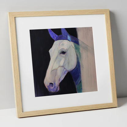 Echoes of Indigo horse portrait art print in natural frame