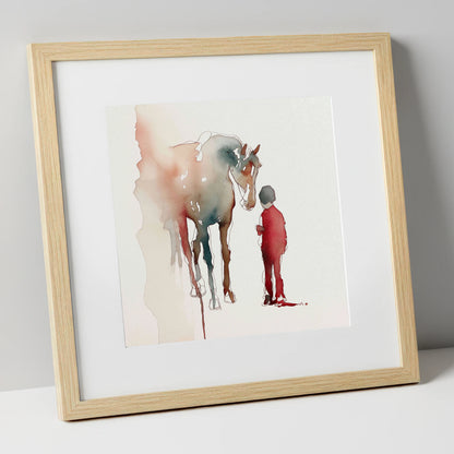 The Unspoken Bond horse & rider art print in natural frame