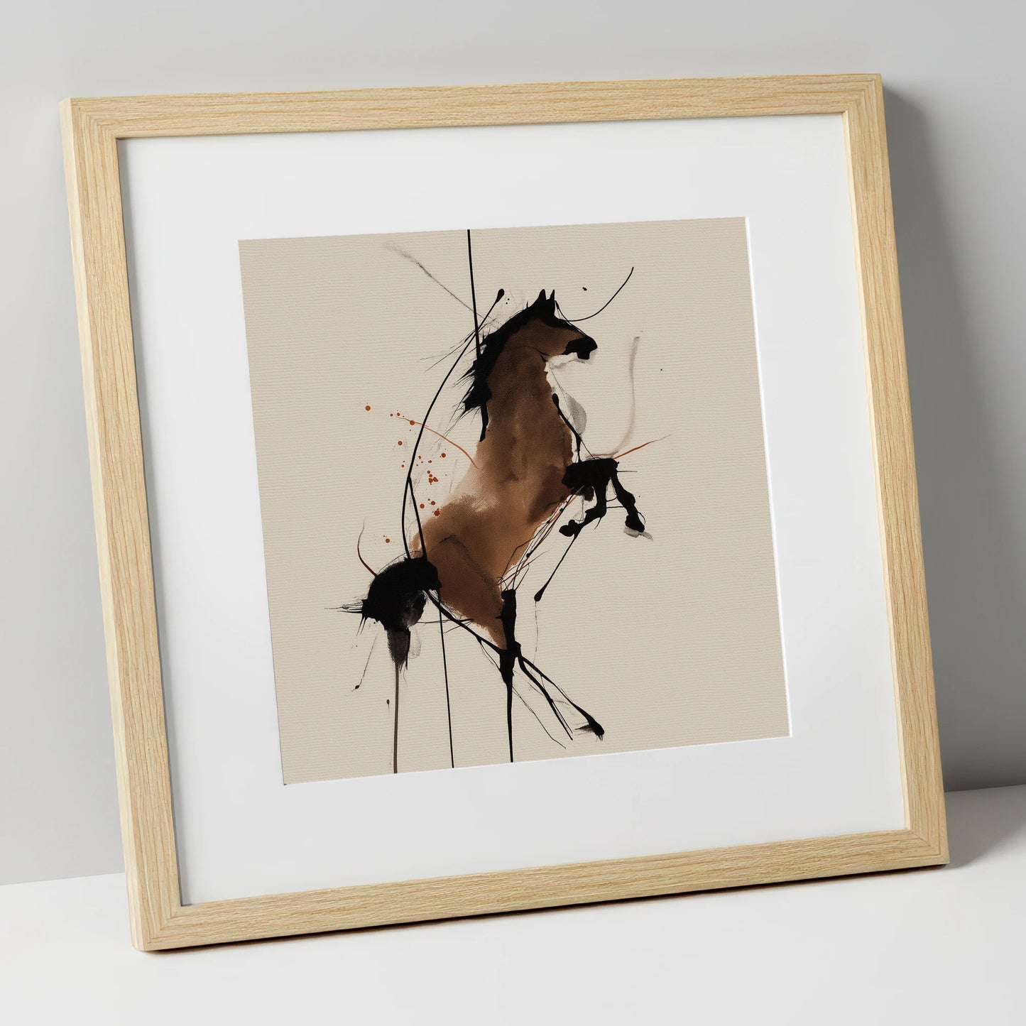 Dynamic Rearing Spirit horse portrait art print in natural frame