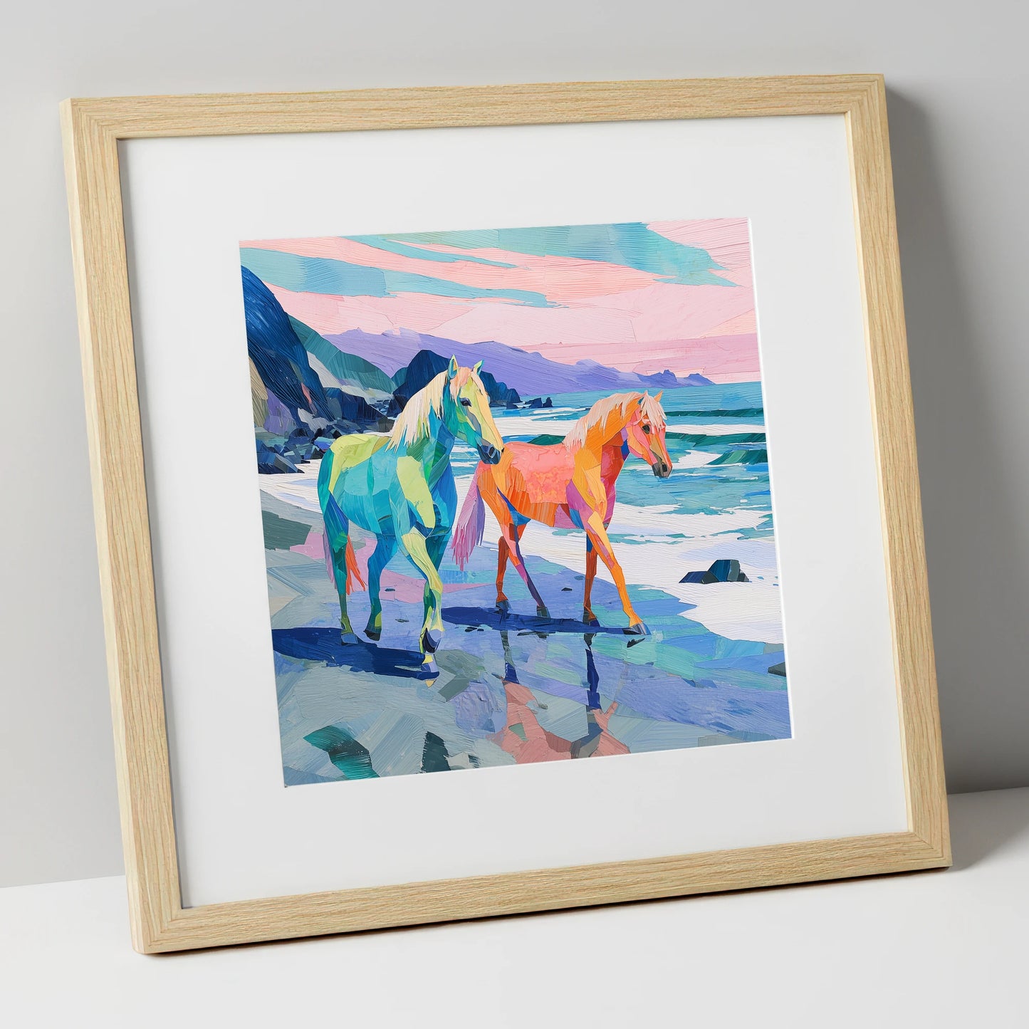 Vivid Coastal Companions horse landscape art print in natural frame