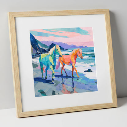 Vivid Coastal Companions horse landscape art print in natural frame