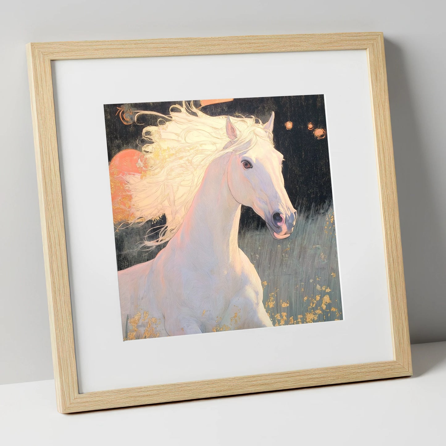 Celestial Grey horse portrait art print in natural frame