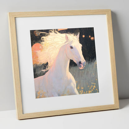 Celestial Grey horse portrait art print in natural frame