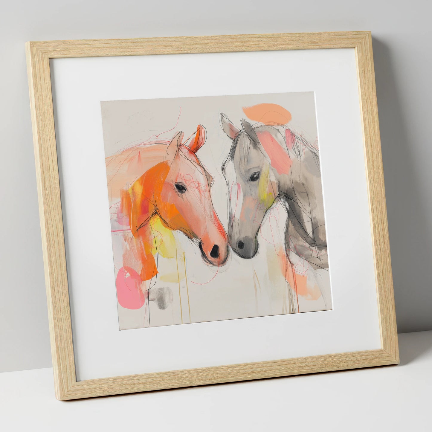 Tender Connection horse portrait art print in natural frame
