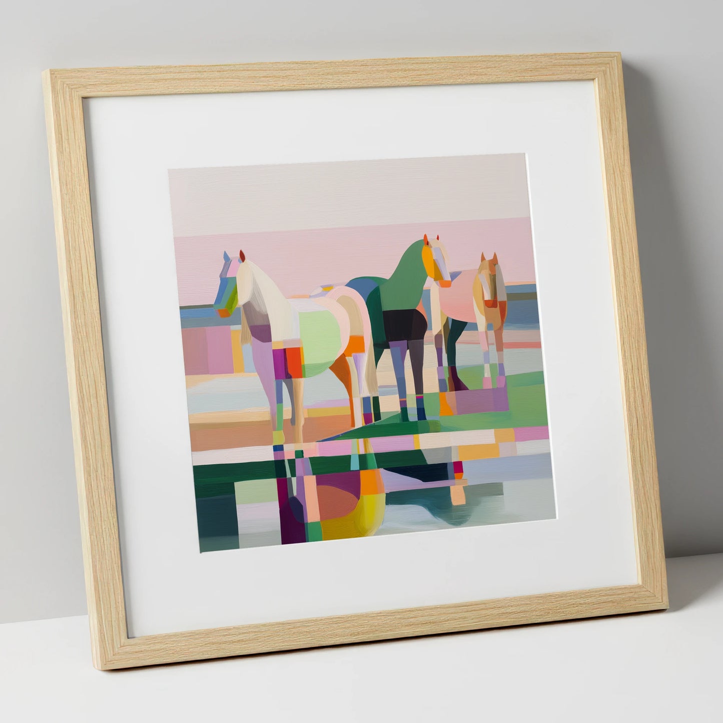 Geometric Equine Horizon horse landscape art print in natural frame