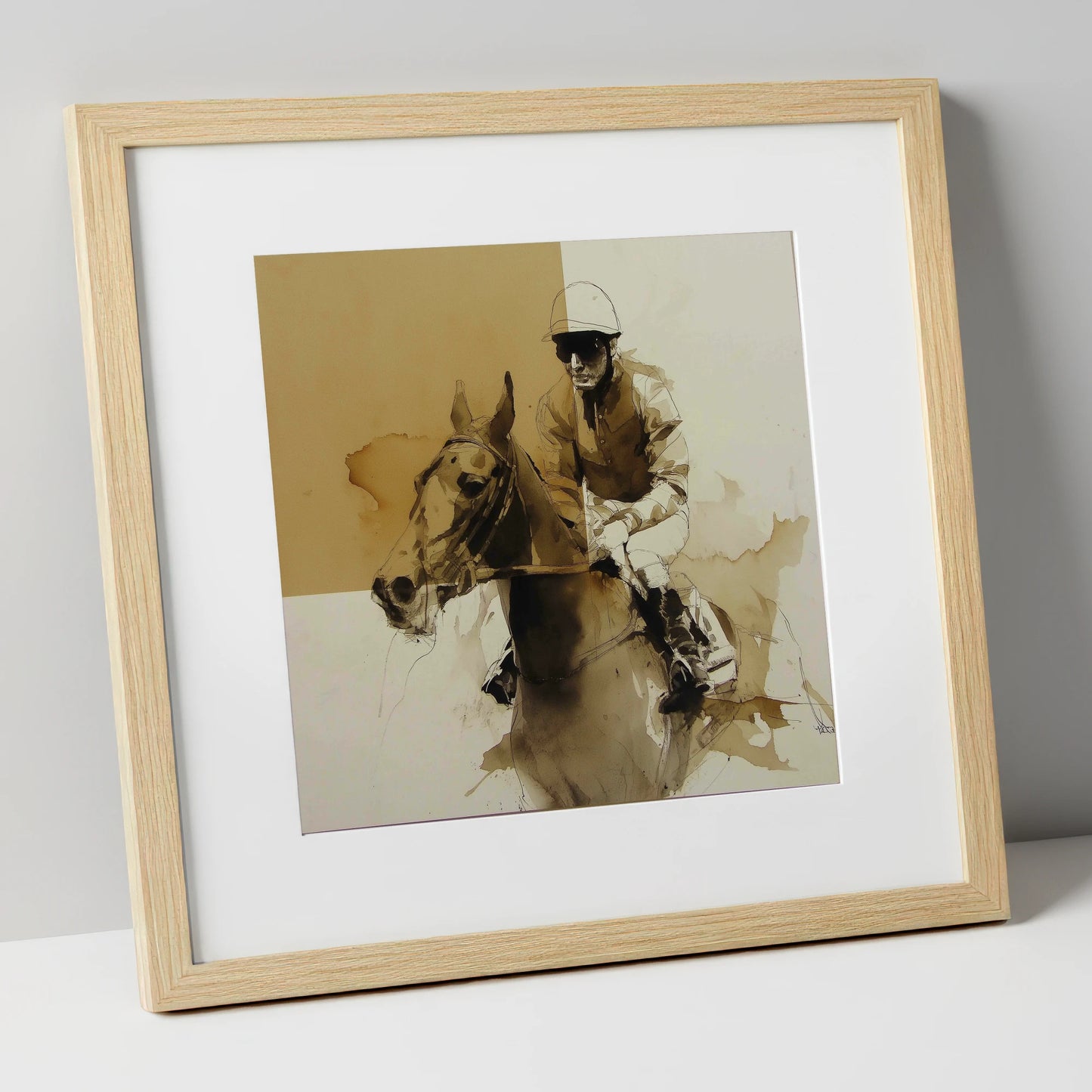 The Sepia Contender racing horse art print in natural frame