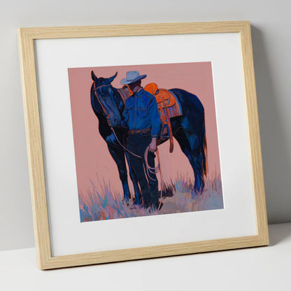 The Indigo Horseman western horse art print in natural frame