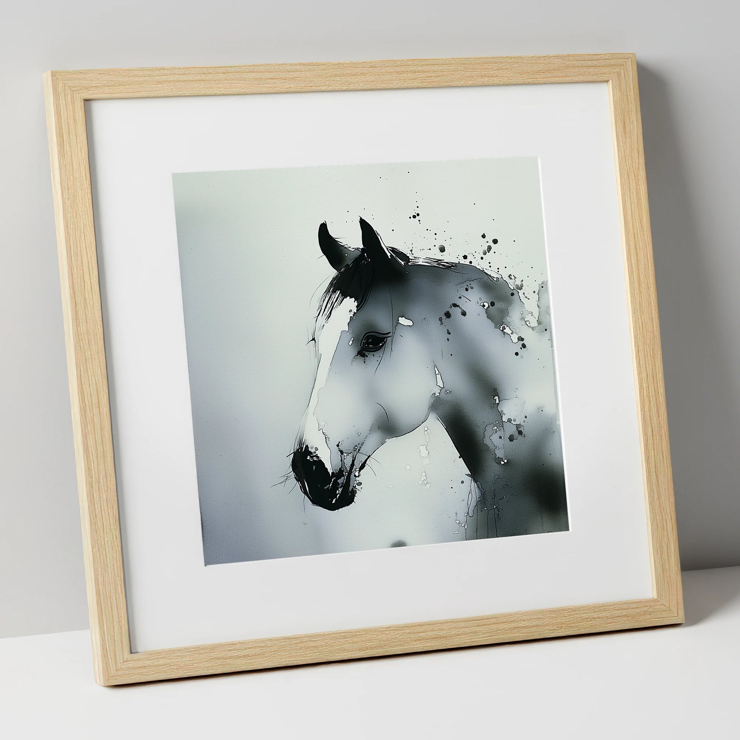 Atmospheric Grey Profile horse portrait art print in natural frame