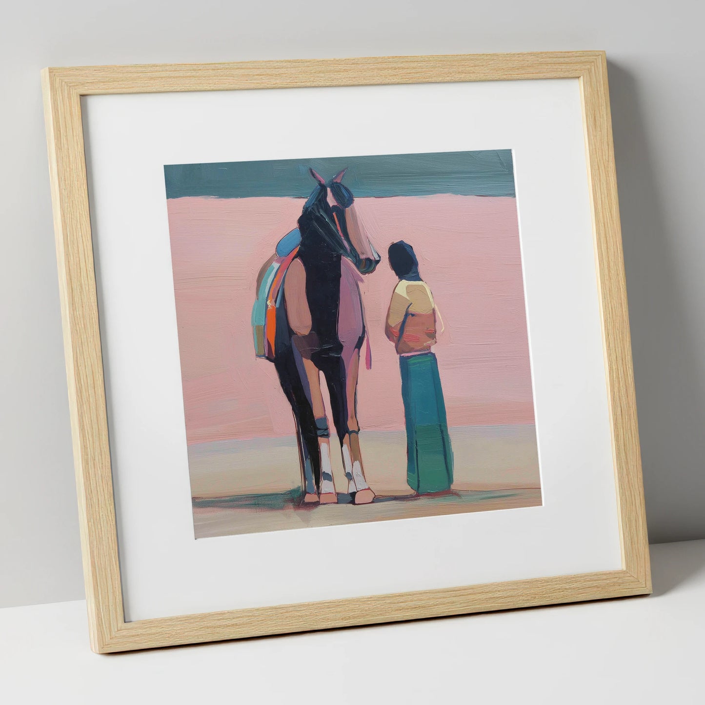 Stillness in Rose horse & rider art print in natural frame