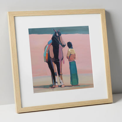 Stillness in Rose horse & rider art print in natural frame