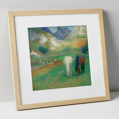 Vibrant Valley Pasture horse landscape art print in natural frame