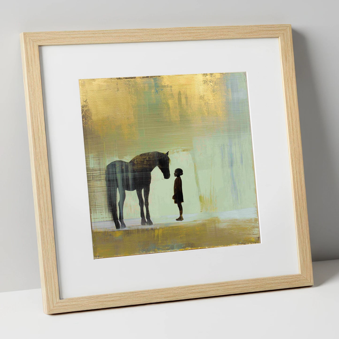 A Quiet Understanding horse & rider art print in natural frame