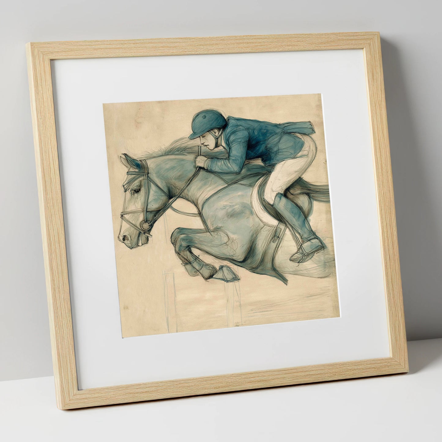 The Perfect Arc show jumping horse art print in natural frame