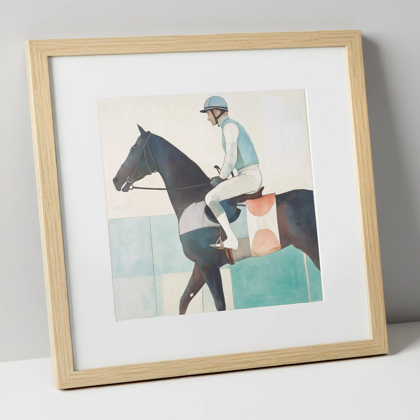 Aquamarine Stride racing horse art print in natural frame