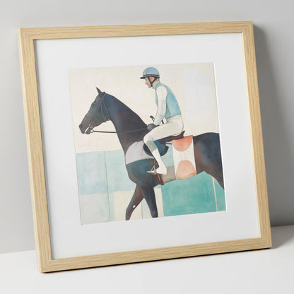 Aquamarine Stride racing horse art print in natural frame