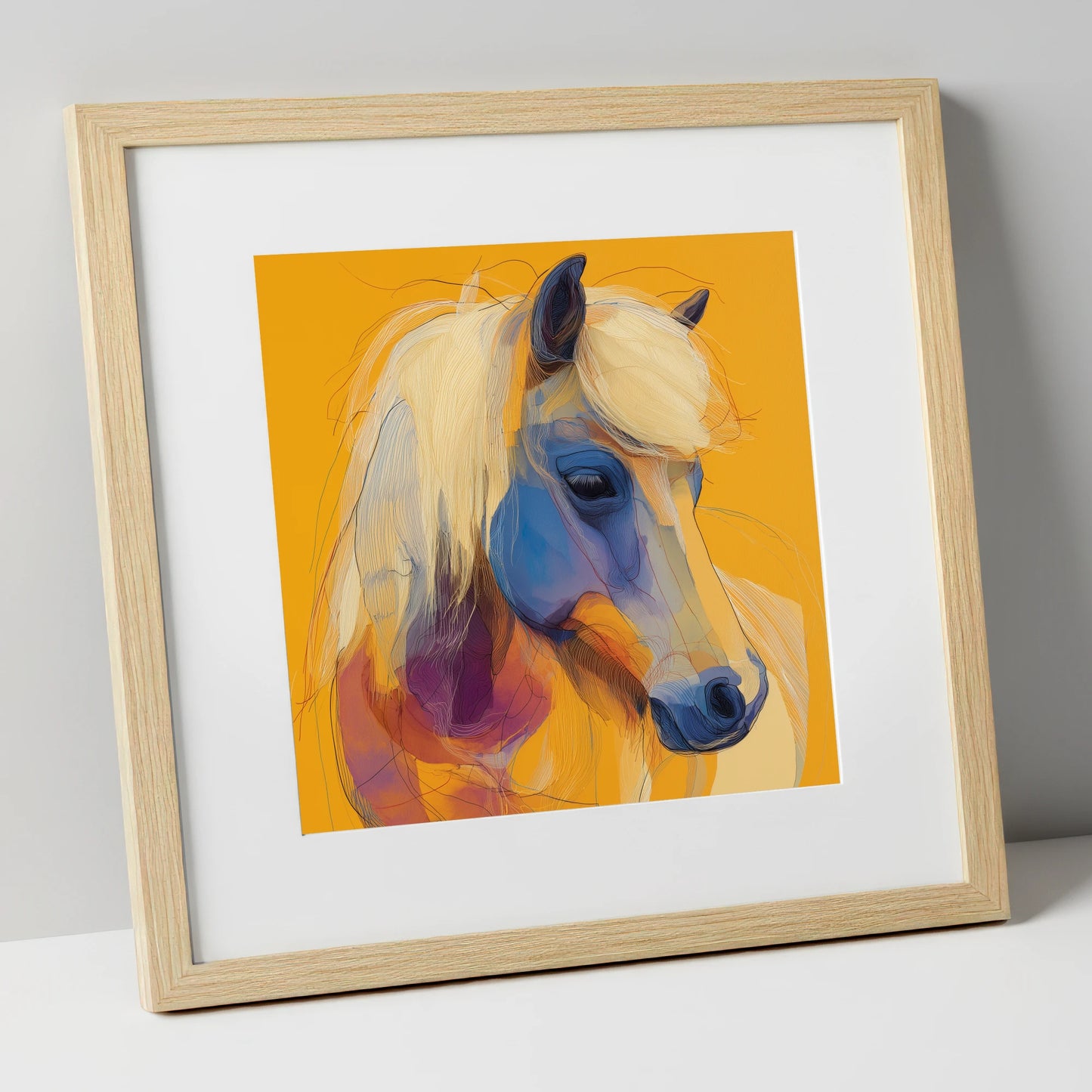 Cobalt and Gold Contour horse breed art print in natural frame