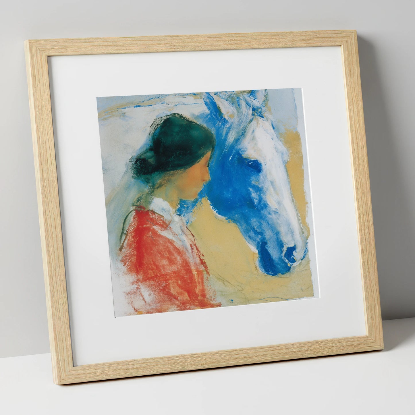 The Cobalt Companion horse & rider art print in natural frame