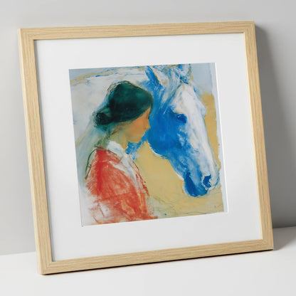 The Cobalt Companion horse & rider art print in natural frame