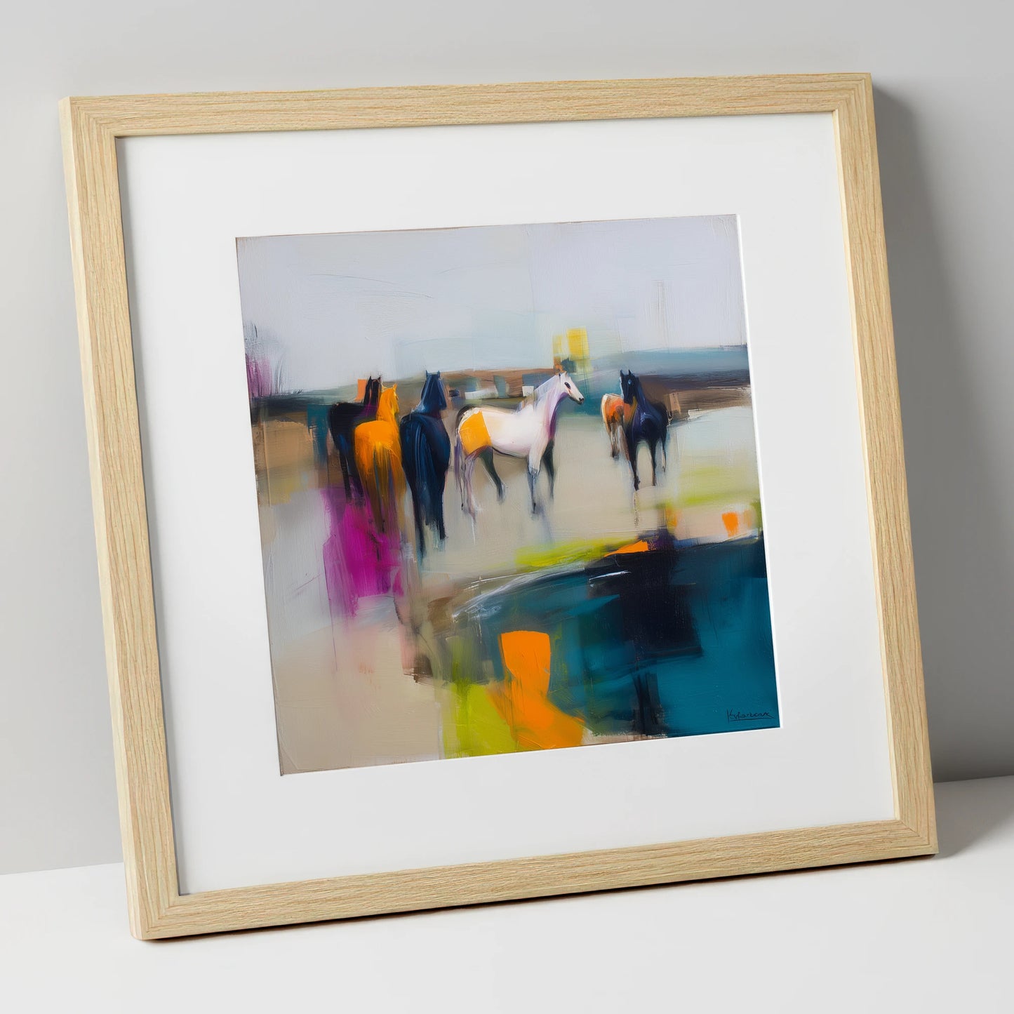 Vivid Horizon Herd horse landscape art print in natural frame