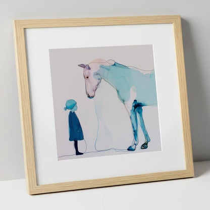A Quiet Connection horse & rider art print in natural frame