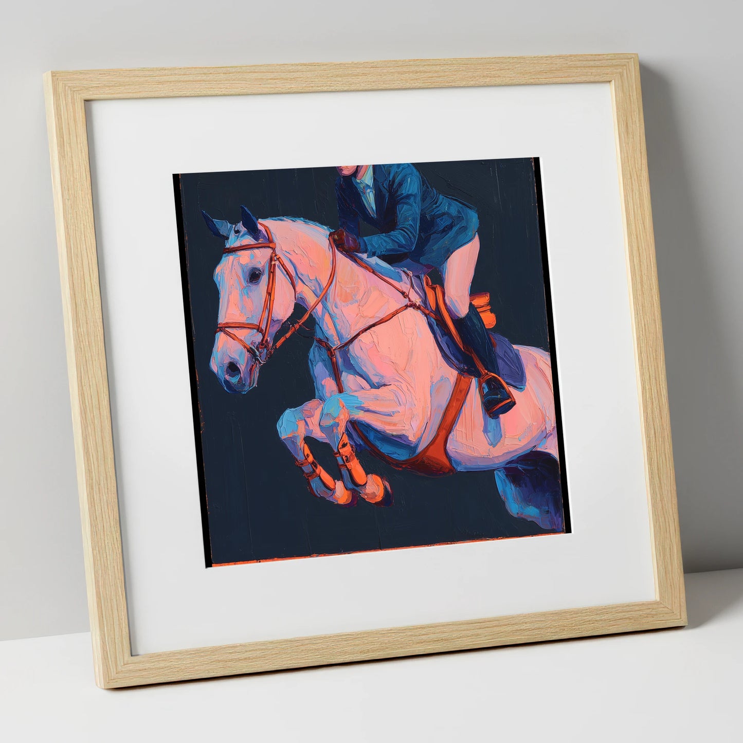 Vibrant Indigo Flight show jumping horse art print in natural frame
