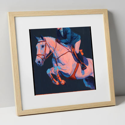 Vibrant Indigo Flight show jumping horse art print in natural frame