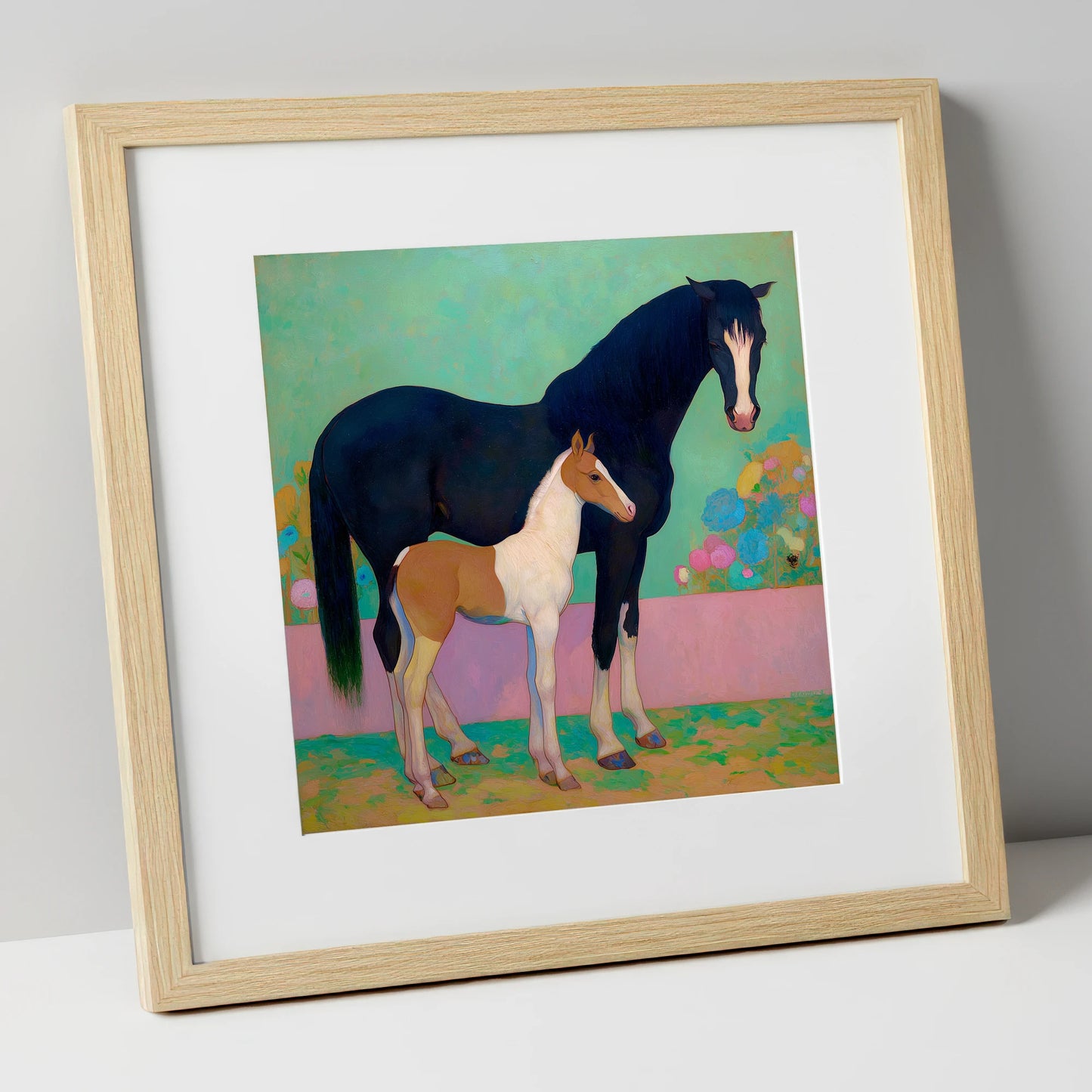 Midnight Dream Mare and Foal mare & foal art print in natural frame