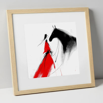 Scarlet and Shadow horse & rider art print in natural frame