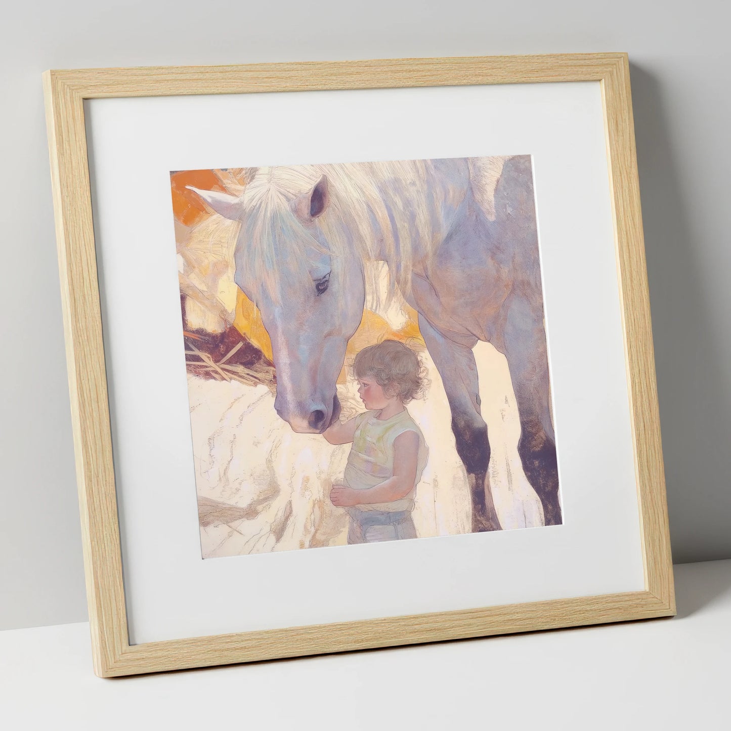 The First Touch horse & rider art print in natural frame